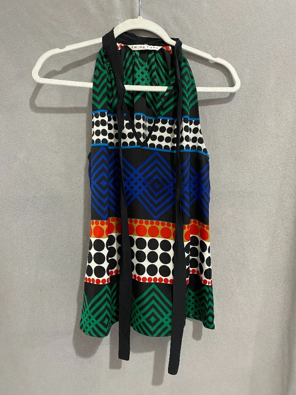 Trina Turk Geometric Print Halter Tie Neck Top Size S Silk Trim Multicolor